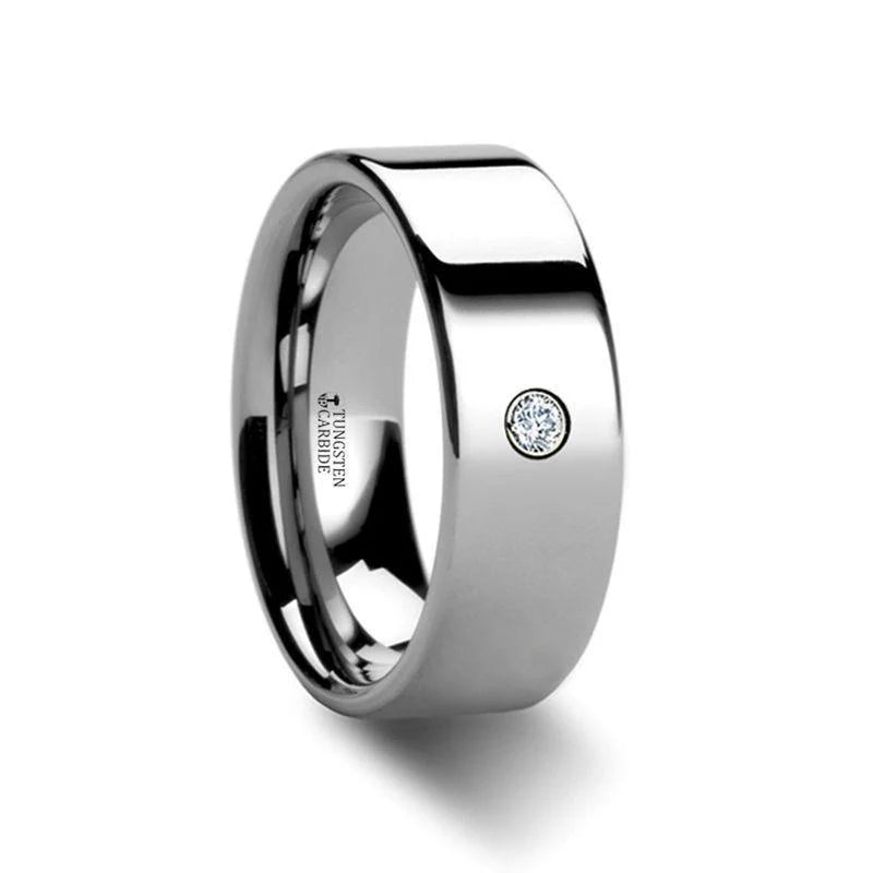 Flat Polished Tungsten Diamond Ring - 6mm & 8mm