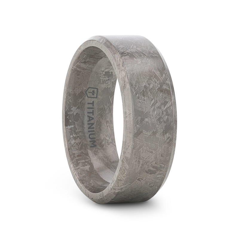 Macawi Men's Beveled Titanium Wedding Band with Meteorite Pattern - 8mm