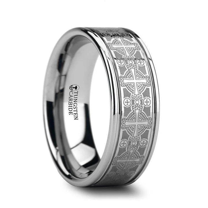 Flat Tungsten Ring Laser Engraved Celtic Crosses - 8mm