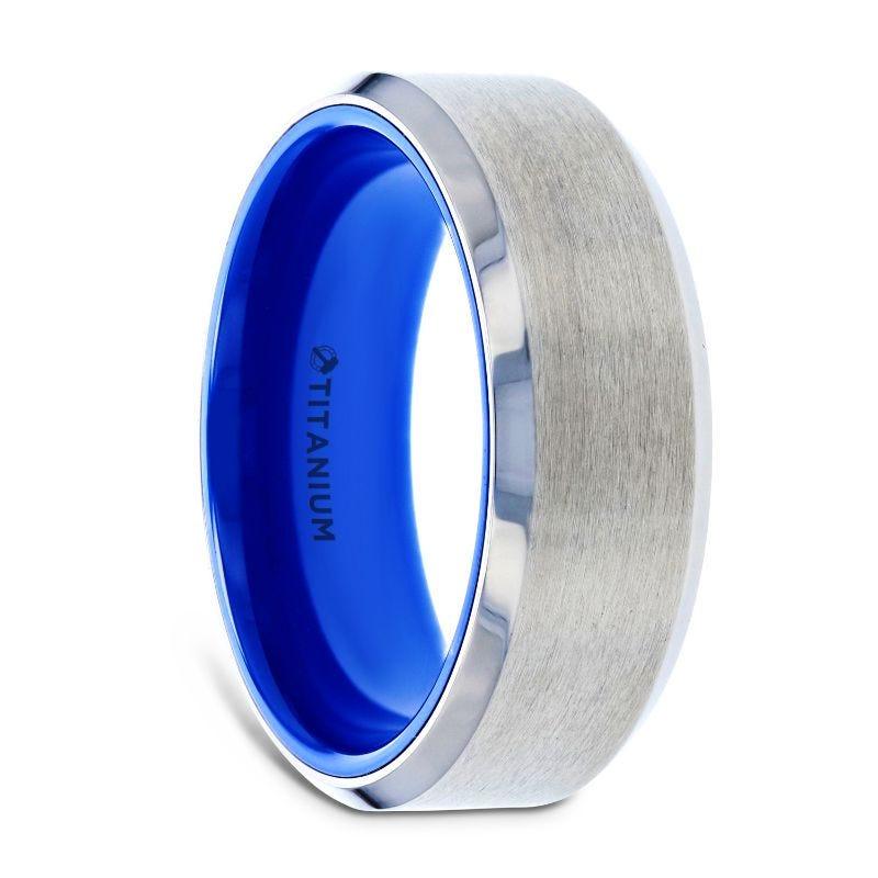 Maksim Men's Beveled Flat Titanium Ring with Brushed Center and Vibrant Blue Inside - 8mm
