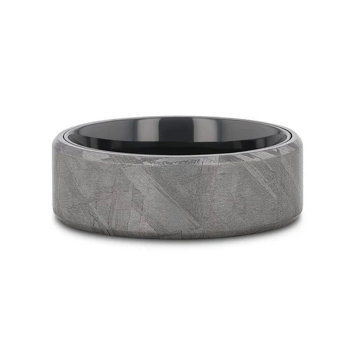 Rhun Men's Flat Black Titanium Wedding Ring with Meteorite and Beveled Edges - 8mm