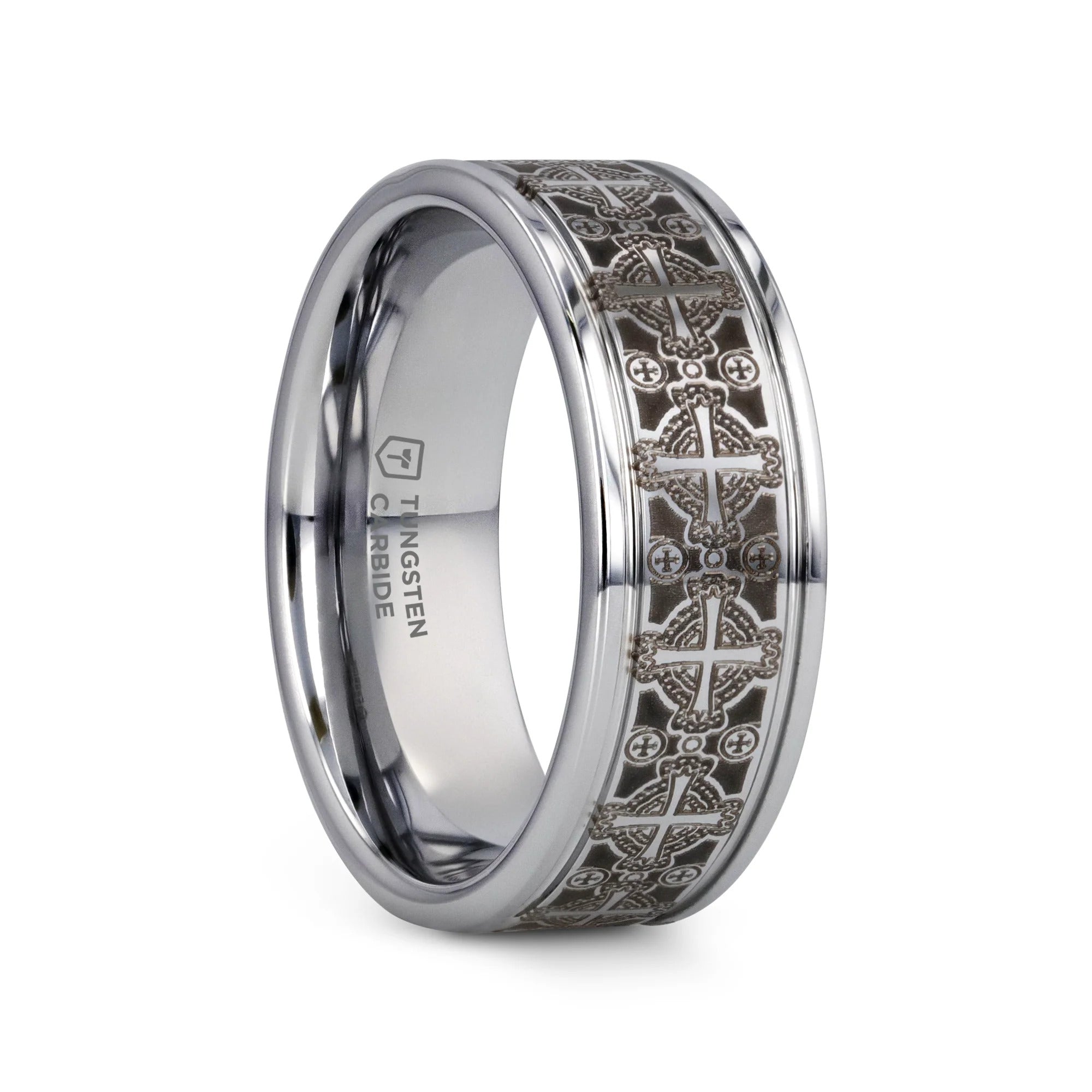 Tungsten carbide ring with intricate design on a white background
