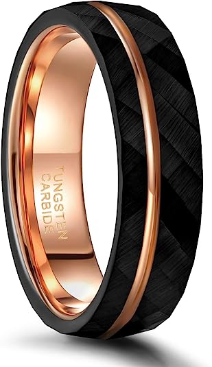 Munich Black Tungsten Ring Rose Gold Plated Groove Faceted Matte Finished 4mm - 8mm