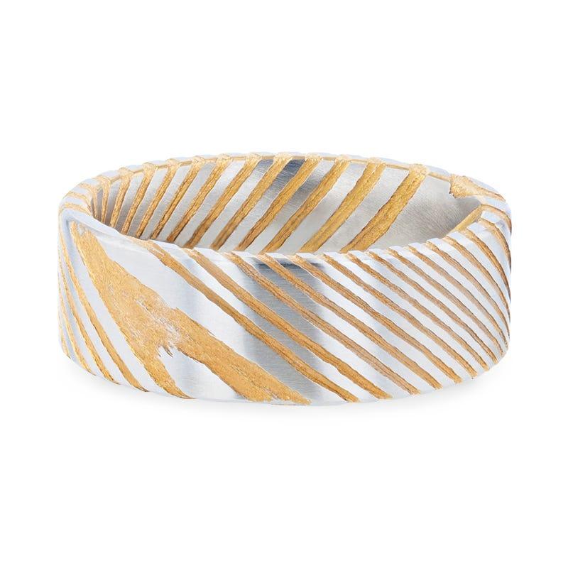 Paco Vivid Gold Etched Design Flat Brushed Damascus Steel Wedding Band 6mm & 8mm