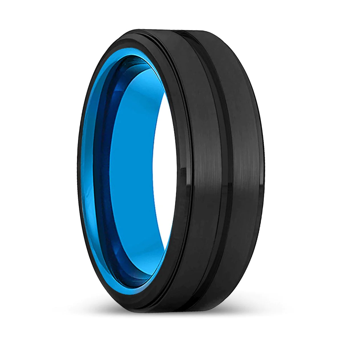 Maxton Grooved Black Tungsten Ring Stepped Edges Blue Inside - 6mm - 10mm