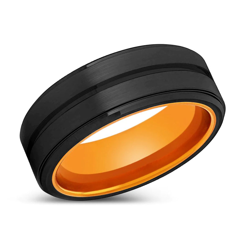 Platon Black Tungsten Ring Groove Stepped Edges Orange Inside - 6mm - 10mm