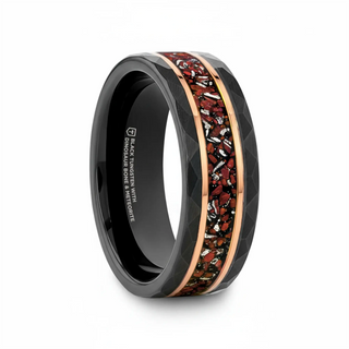 Pergamon Men's Black Hammered Tungsten Ring with Dinosaur Bone and Meteorite Inlay - 8mm - 5.00 / Black