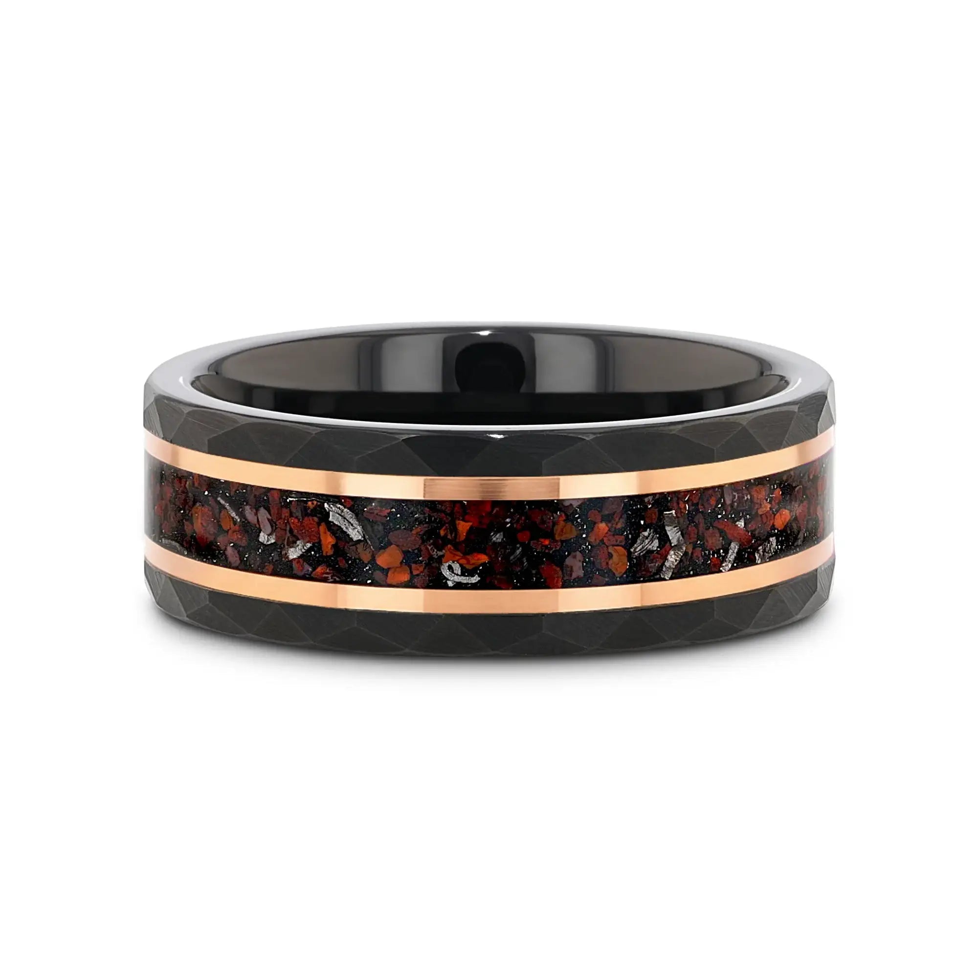 Pergamon black tungsten dinosaur bone meteorite ring, flat lay