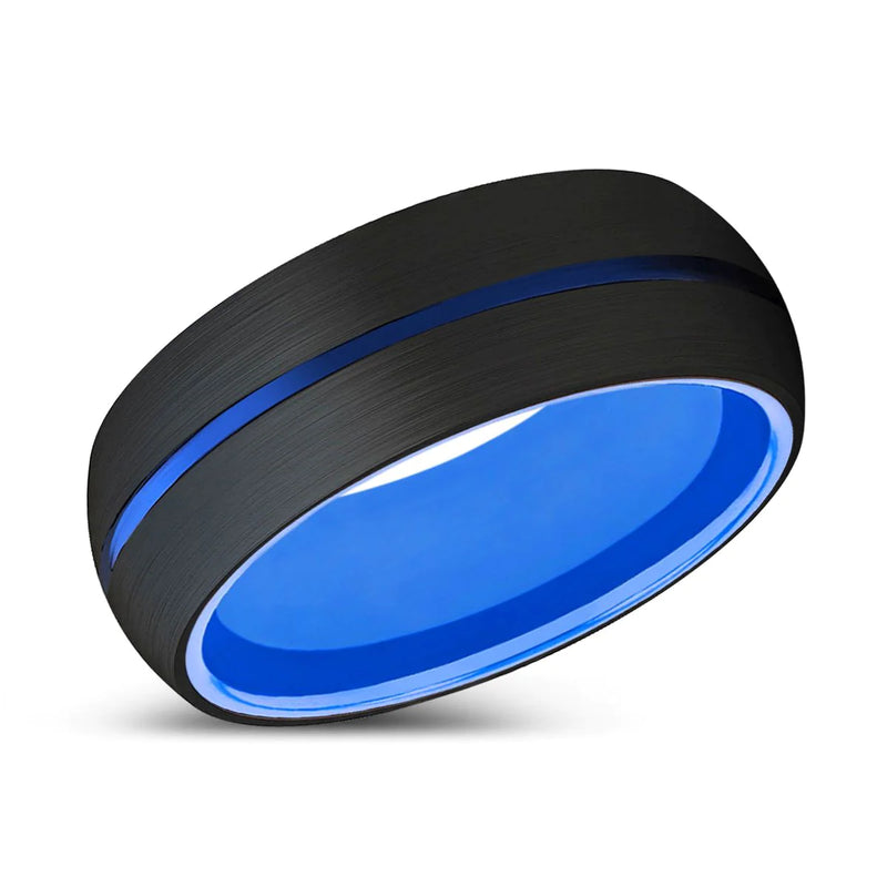 Devo Black Domed Tungsten Carbide Ring with Blue Center Groove - 6mm & 8mm