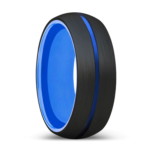Devo Black Domed Tungsten Carbide Ring with Blue Center Groove - 6mm ...