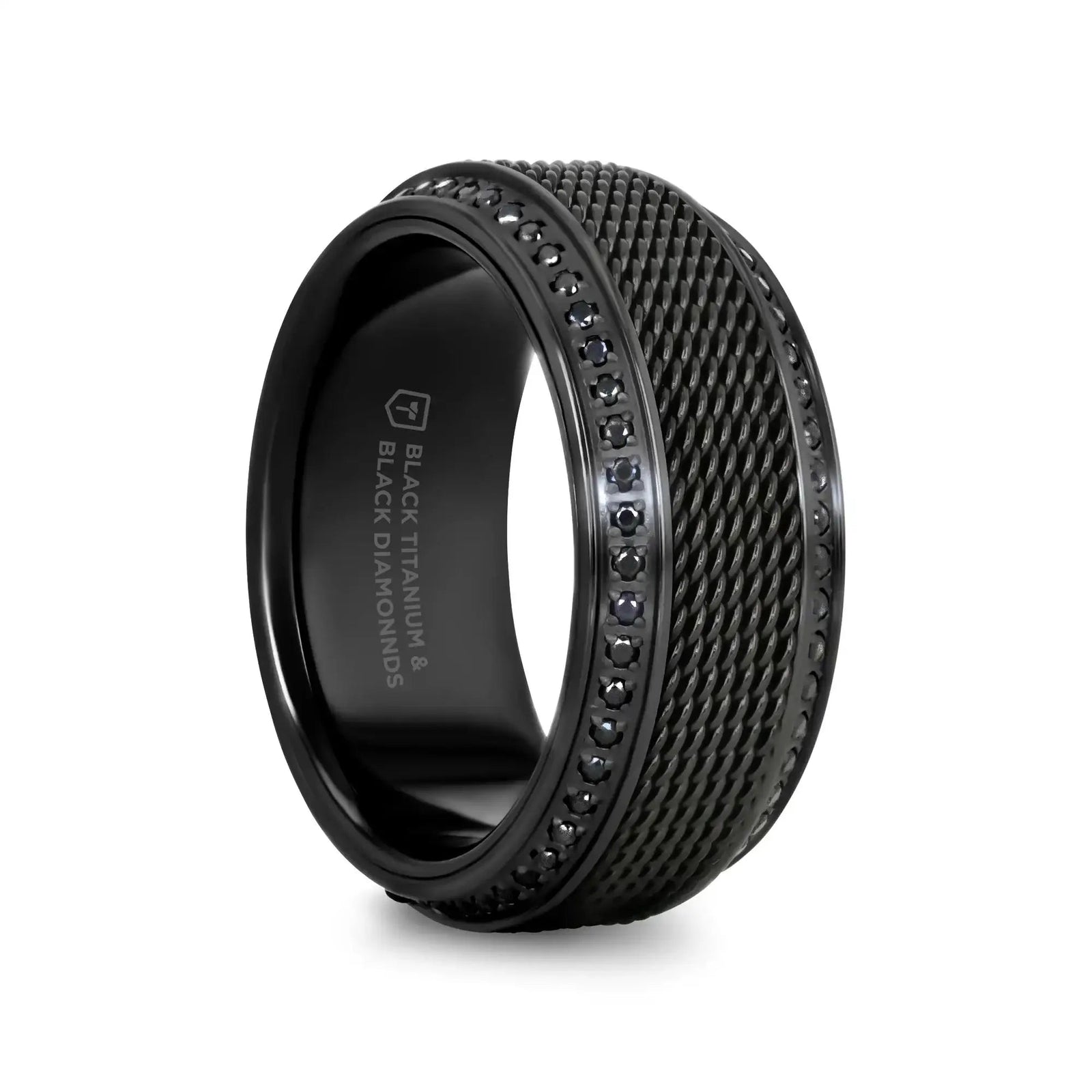 Thebes black titanium steel chain ring, front view