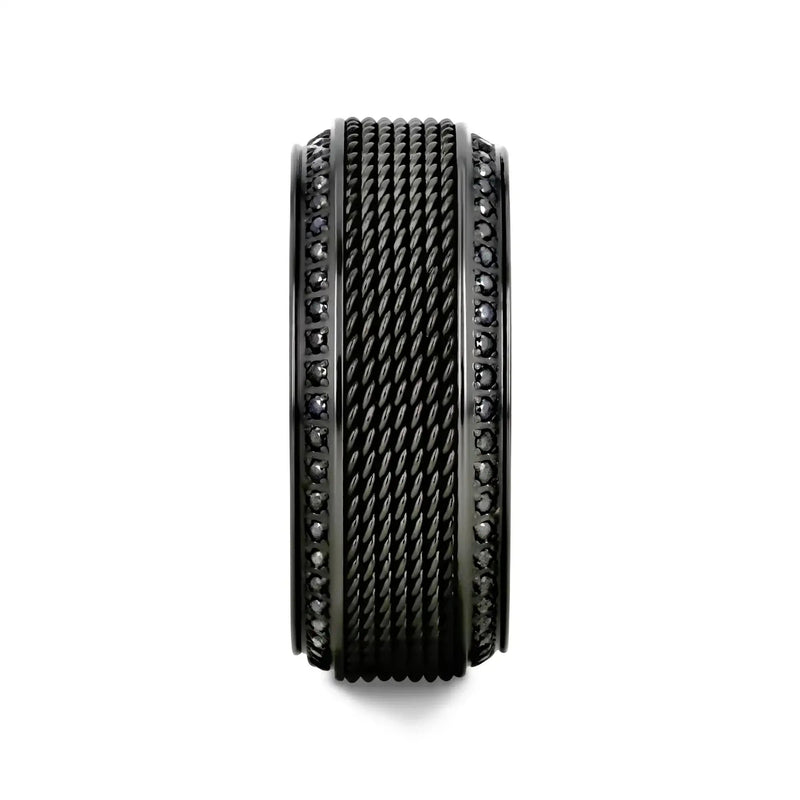 Thebes black titanium steel chain ring, front view