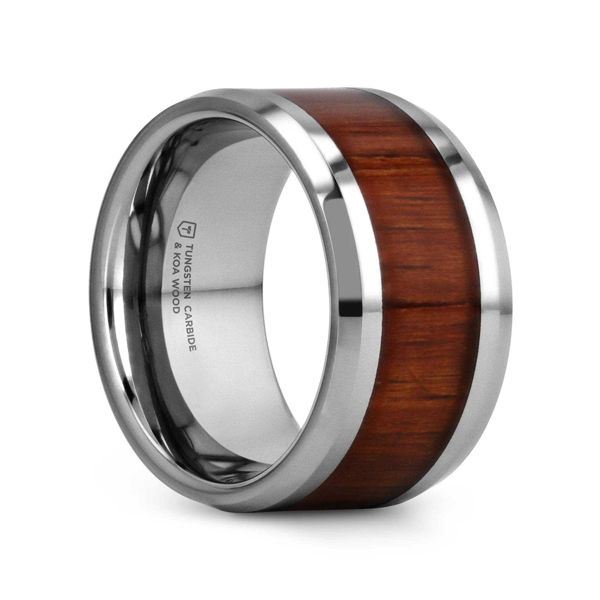 Tungsten carbide ring with wooden inlay on a white background