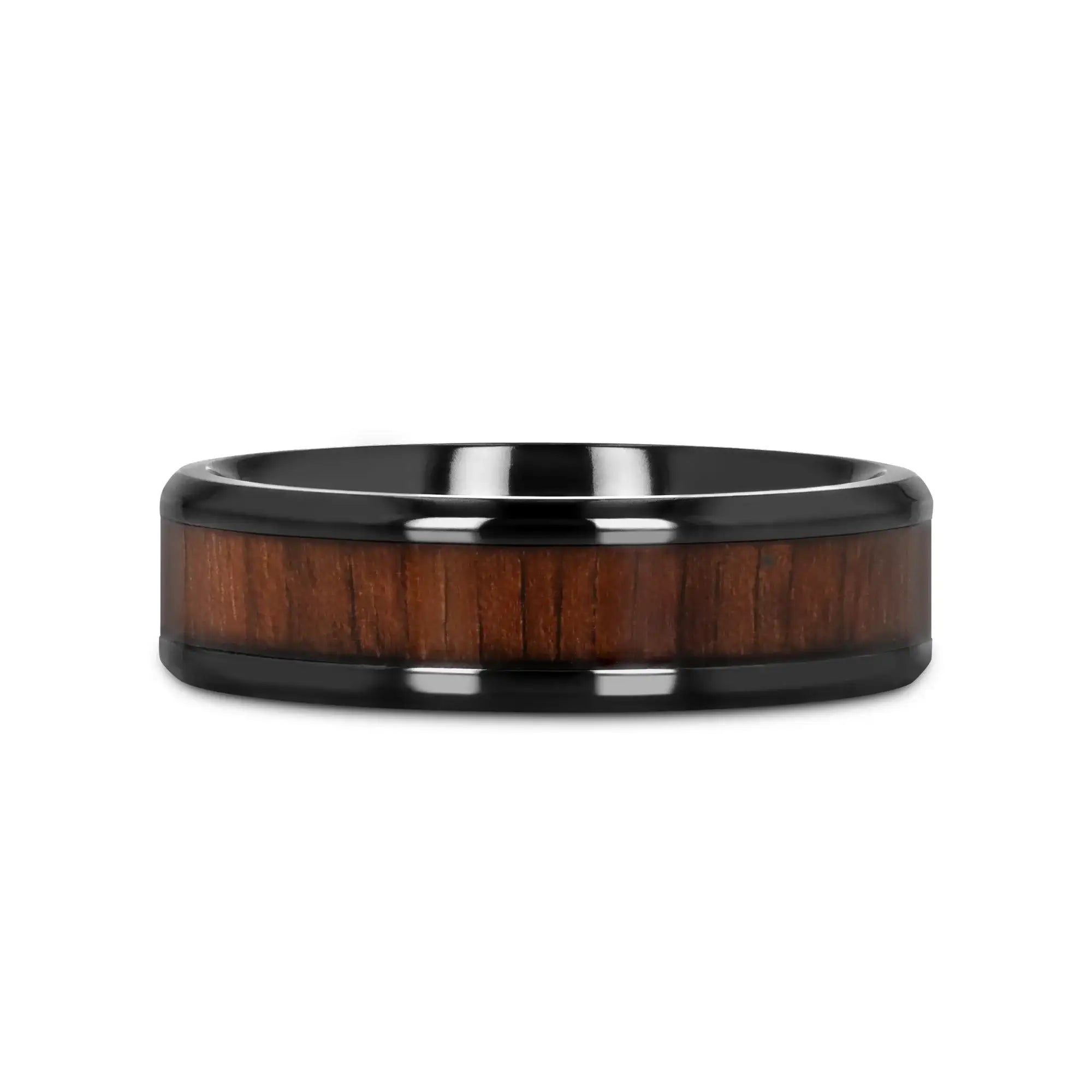 Delphi black titanium black walnut wood ring, 6mm flat lay
