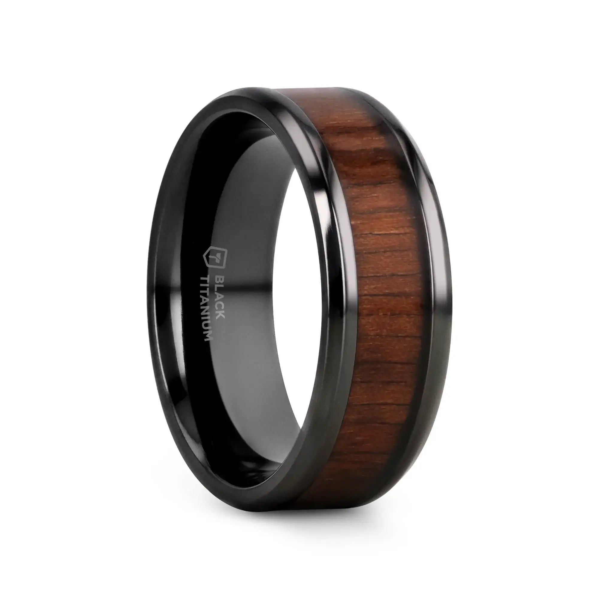 Delphi black titanium black walnut wood ring, front view