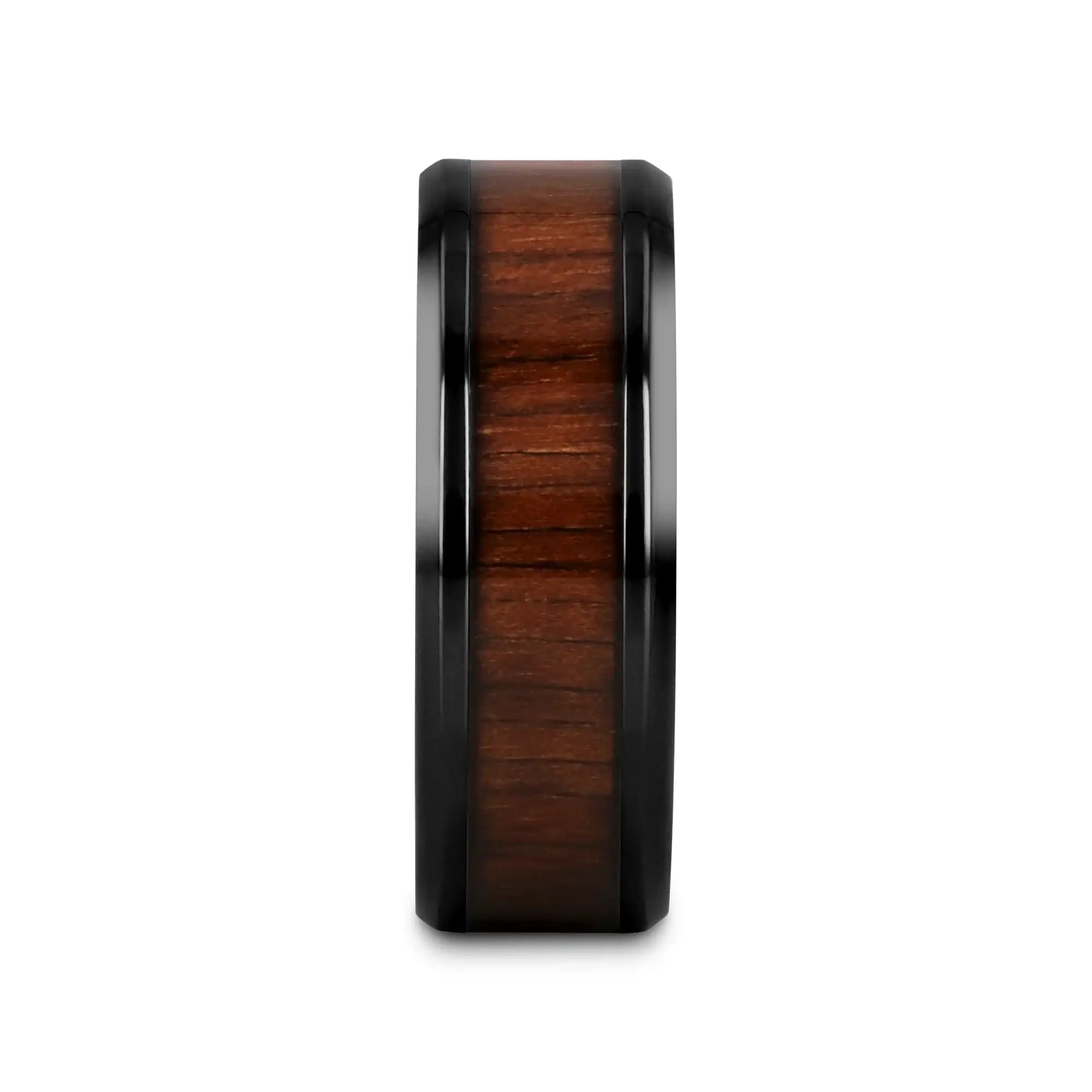 Delphi black titanium black walnut wood ring, side view