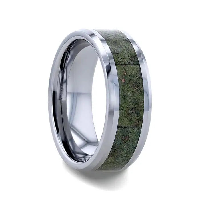 Tien Men's Beveled Tungsten Carbide Ring Green Copper Conglomerate Inlay - 8mm