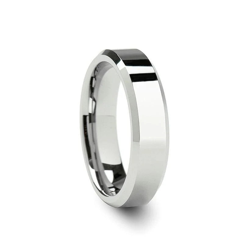 Ladies White Tungsten Wedding Band with Beveled Edges - 4mm - 6mm