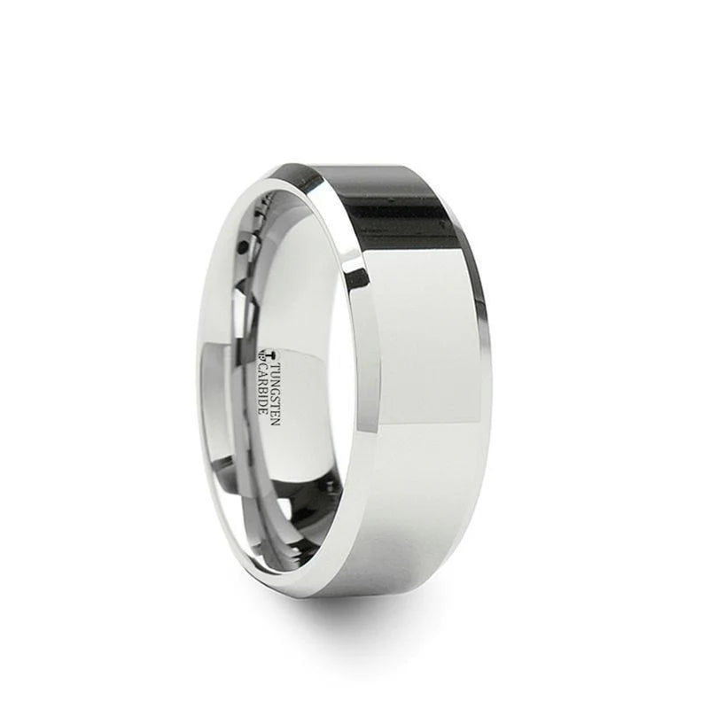 Padma Ladies White Tungsten Wedding Band with Polished Beveled Edges - 4mm & 6mm