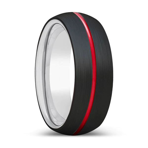 Mahon Black Domed Tungsten Wedding Band with Red Grooved Center - 6mm ...