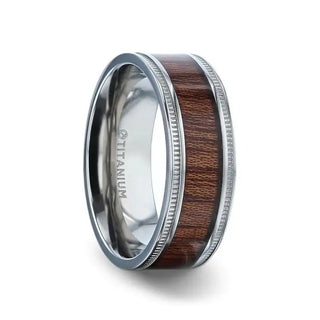 Tomiko Koa Wood Inlaid Titanium Wedding Band With Polished Milgrain Edges - 8mm - 5 / Titanium