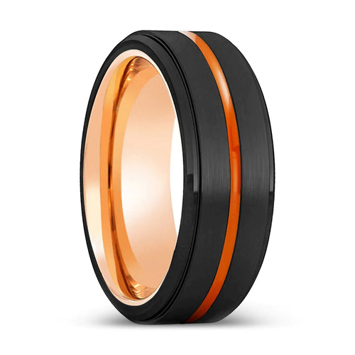 Spartacus Black Tungsten Stepped Edge Orange Groove with Rose Gold Inside - 8mm