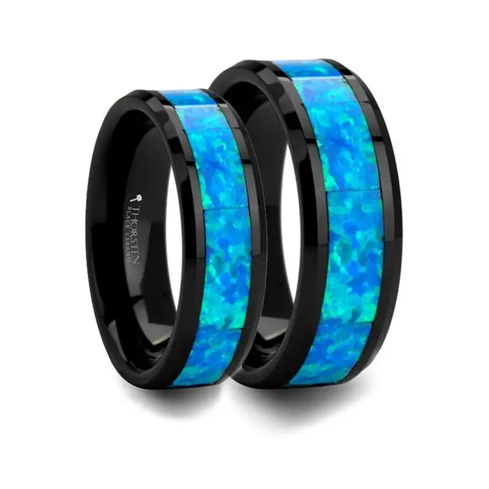 Nieve Matching Ring Set Beveled Black Ceramic Ring With Blue Green Opal Inlay 6mm & 8mm