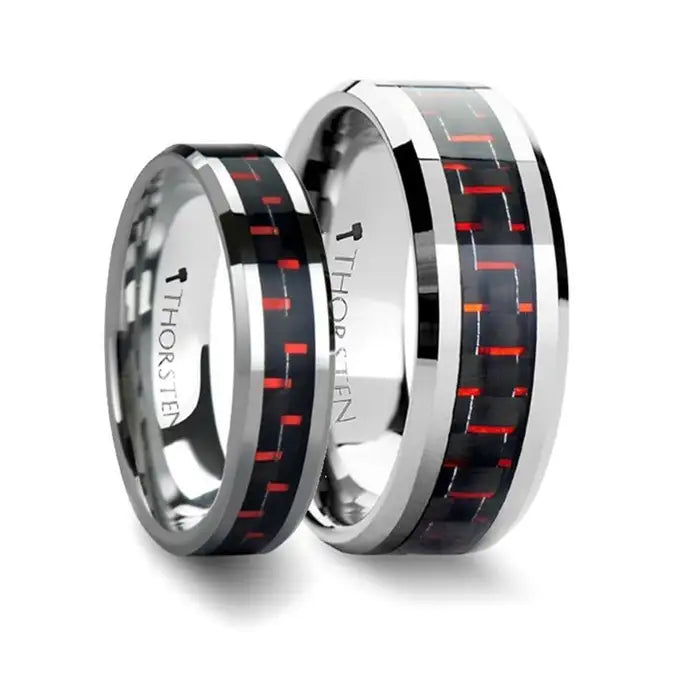 Naolin Matching Ring Set Tungsten Band Inlaid With A Black & Red Carbon Fiber - 6mm & 8mm