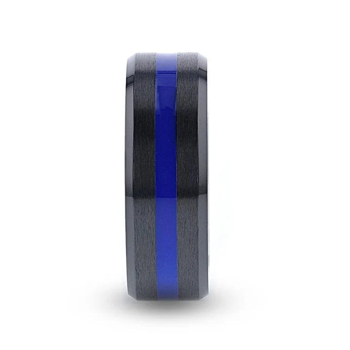 Men’s Beveled Black Ceramic Brushed Finish Wedding Band with Polished Blue Stripe - 8mm