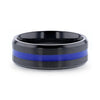 Men’s Beveled Black Ceramic Brushed Finish Wedding Band with Polished Blue Stripe - 8mm