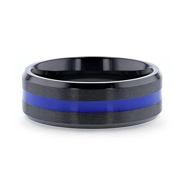 Men’s Beveled Black Ceramic Brushed Finish Wedding Band with Polished Blue Stripe - 8mm