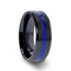 Men’s Beveled Black Ceramic Brushed Finish Wedding Band with Polished Blue Stripe - 8mm