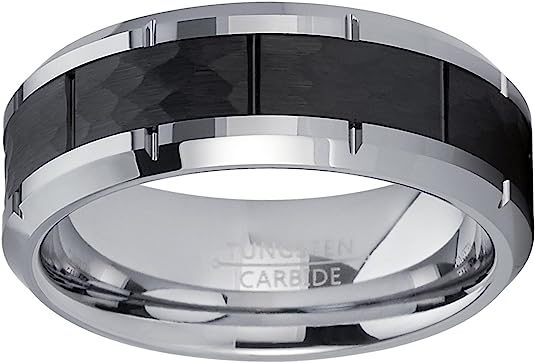 Magni Beveled Men's Black Hammered Grooved Tungsten Carbide Wedding Band - 8mm