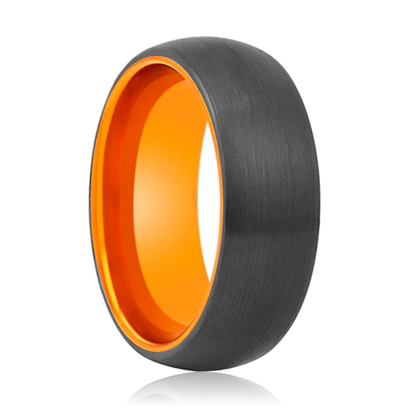 Men's Domed Black Tungsten Ring With Orange Inside & Brushed Finish 4mm - 10mm