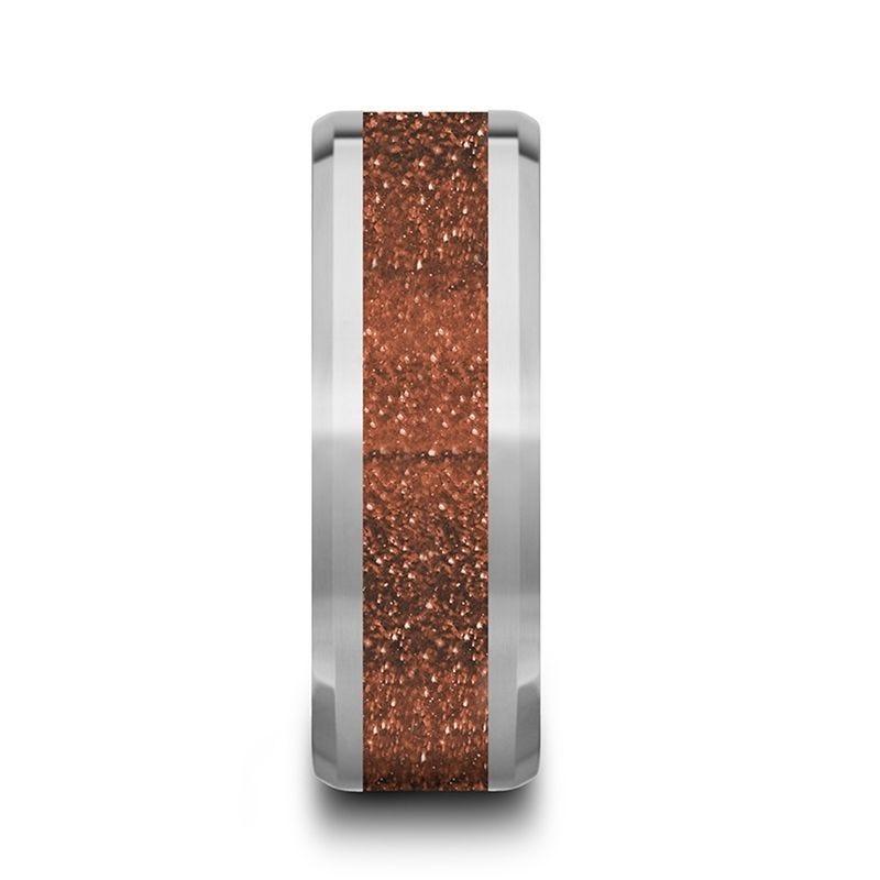 Paki Men’s Beveled Edges Tungsten Wedding Band with Orange Goldstone Inlay - 8mm