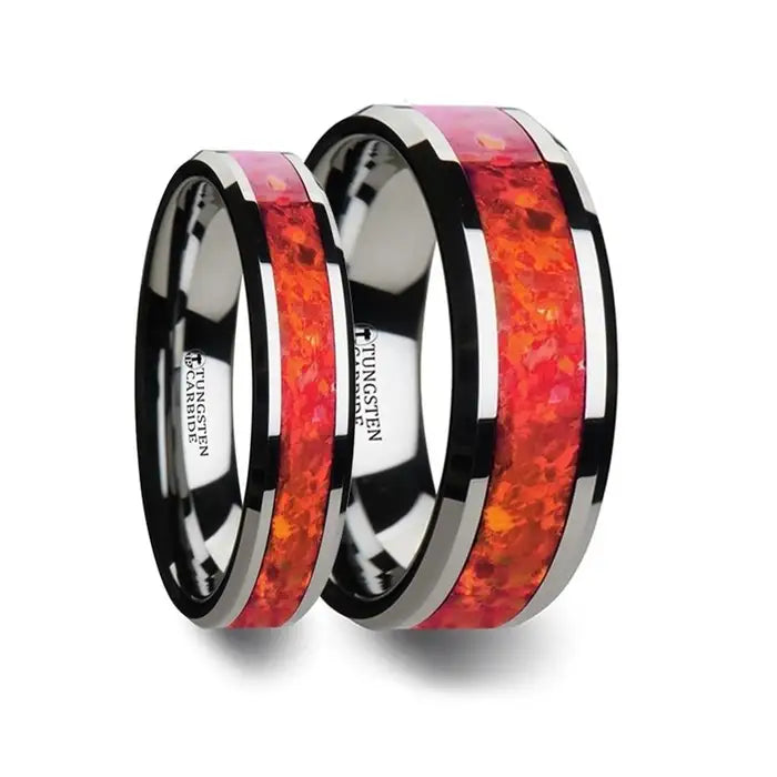Nikkos Matching Ring Set Beveled Tungsten Wedding Band With Red Opal Inlay 4mm - 8mm
