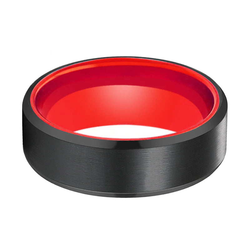 PIETRO Beveled Black Tungsten Wedding Band with Red Inside - 6mm & 8mm