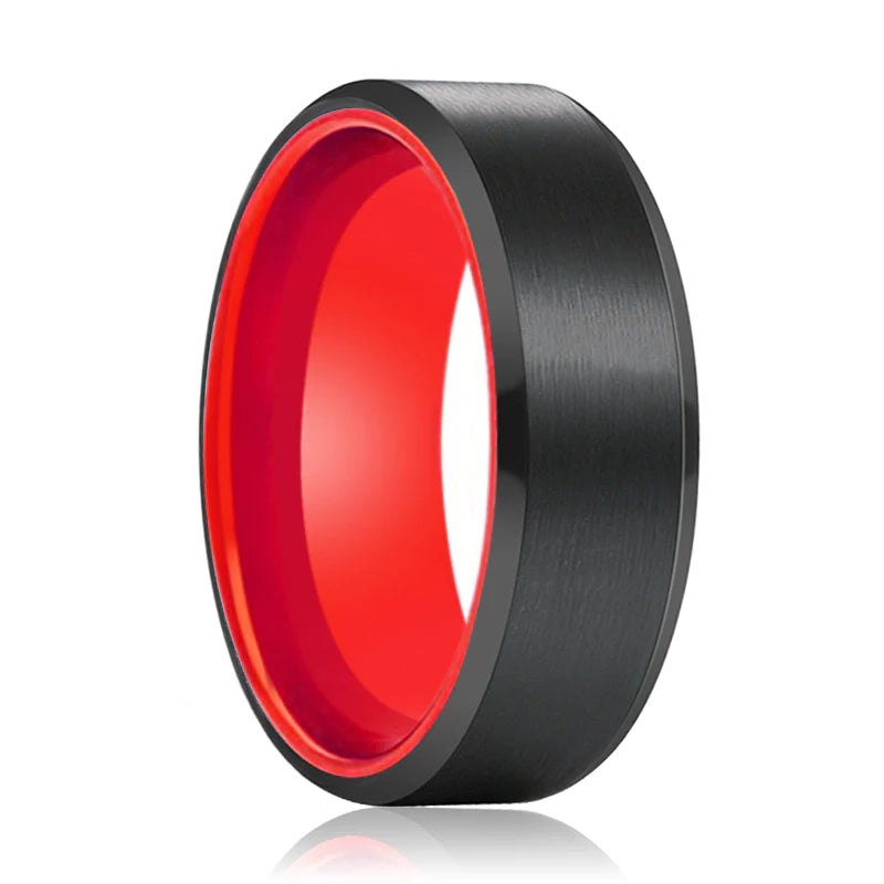 PIETRO Beveled Black Tungsten Wedding Band with Red Inside - 6mm & 8mm