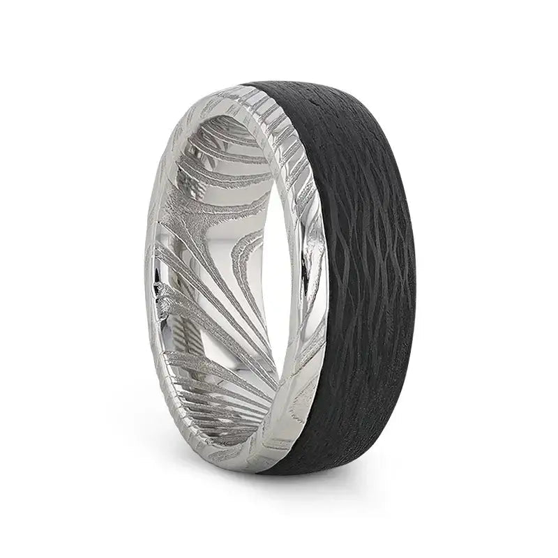 HUDSON Damascus Steel Ring with Wavy Carbon Fiber Inlay