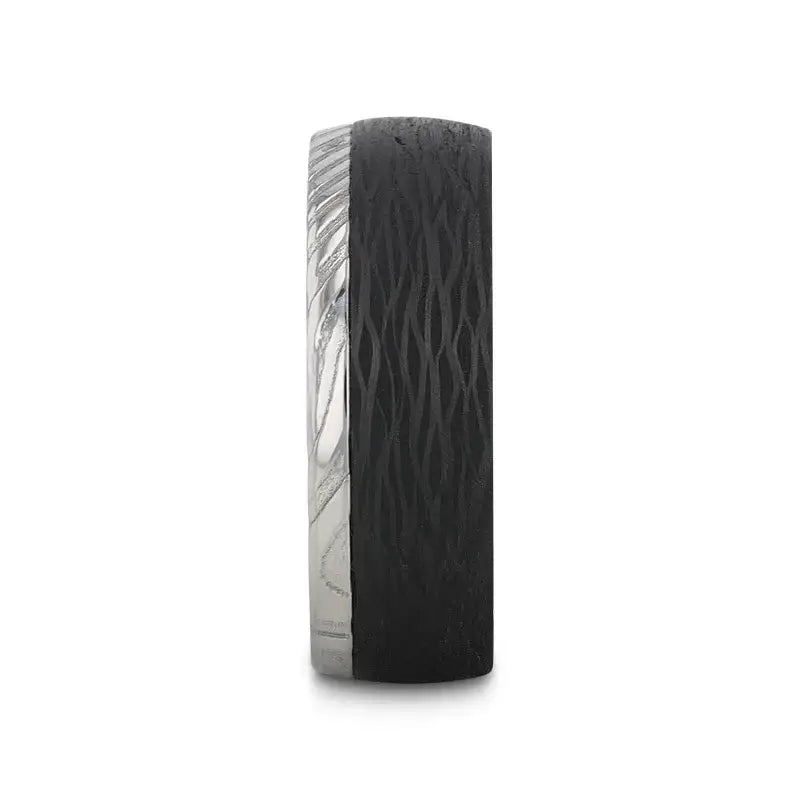 HUDSON Damascus Steel Ring with Wavy Carbon Fiber Inlay