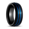 McGee Men's Domed Black Tungsten Ring with Two Blue Grooves - 8mm