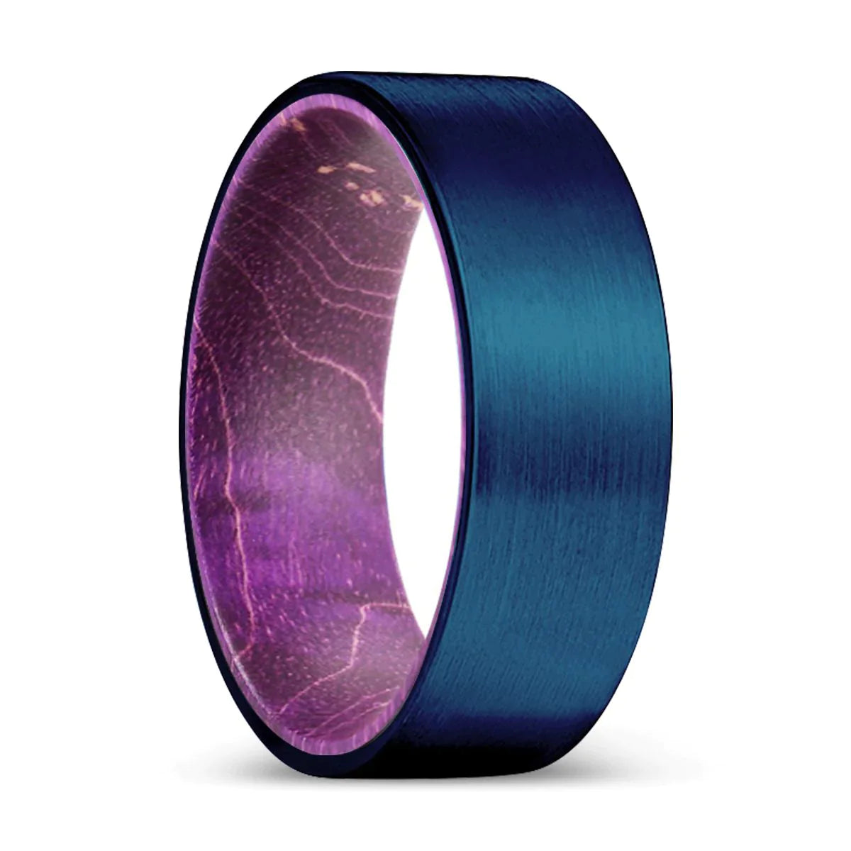 FINLAY Flat Tungsten Ring with Purple Wood Sleeve Blue Brushed - 8mm
