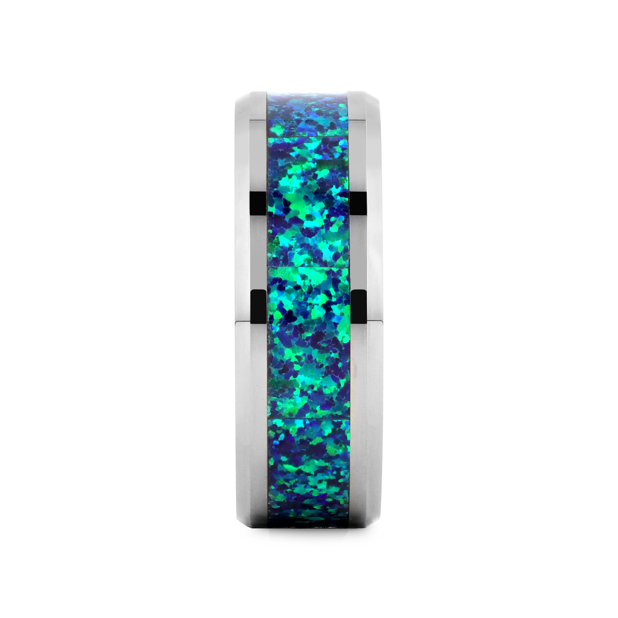 Iris tungsten ring with opal inlay, side view