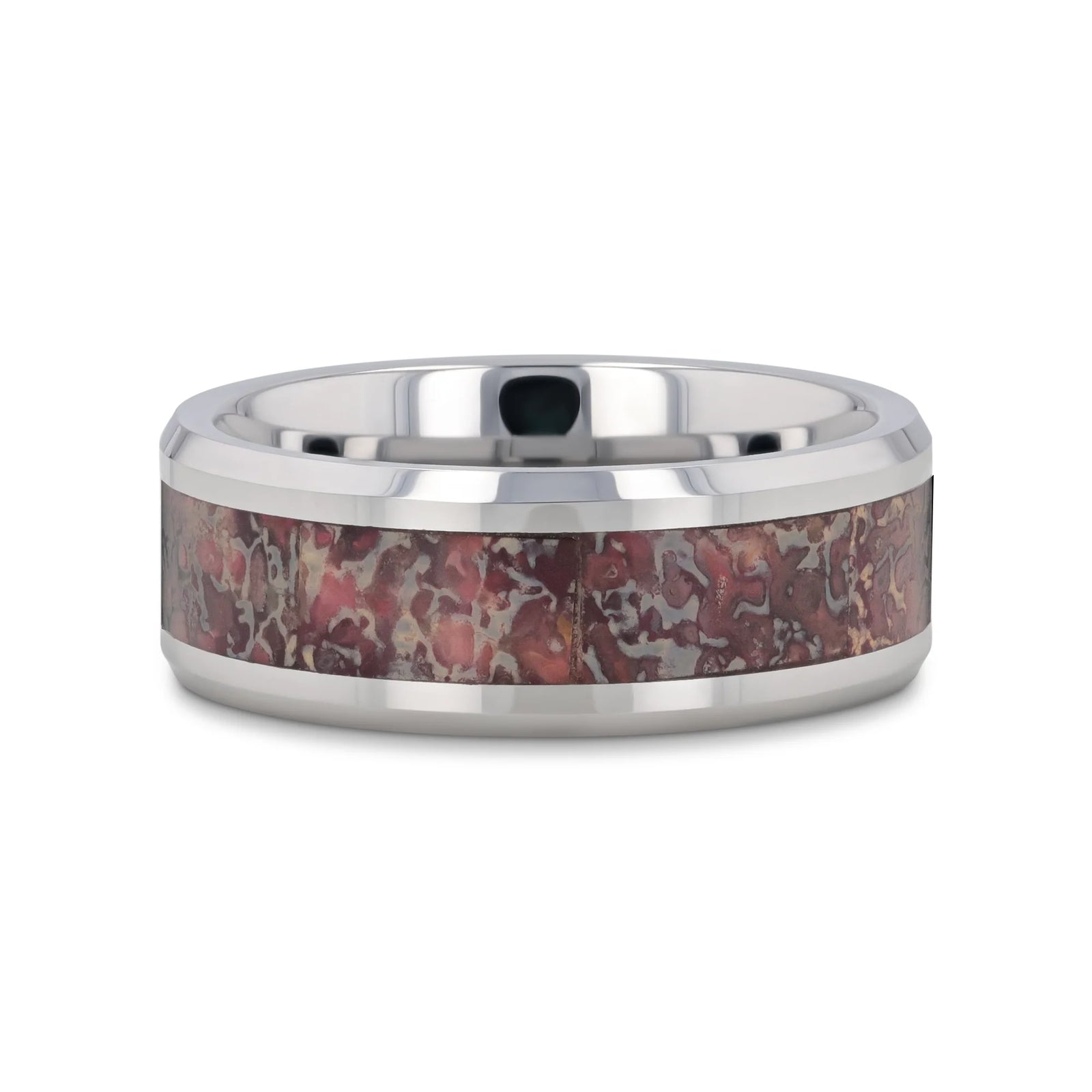 Pink Dinosaur Bone Inlaid Tungsten Carbide Beveled Edged Ring - 4mm - 8mm