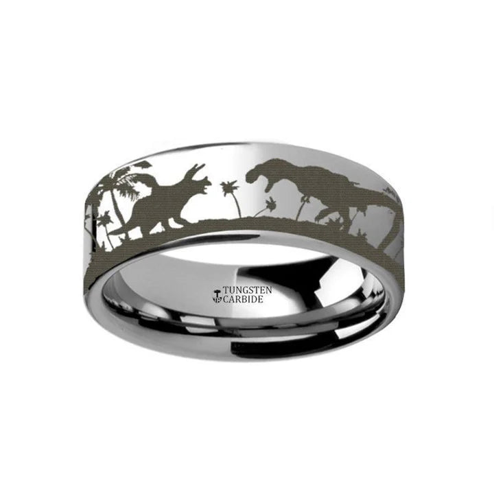 Flat Tungsten Band Prehistoric Dinosaur Jurassic Themed Portrait Engraved- 4mm - 12mm