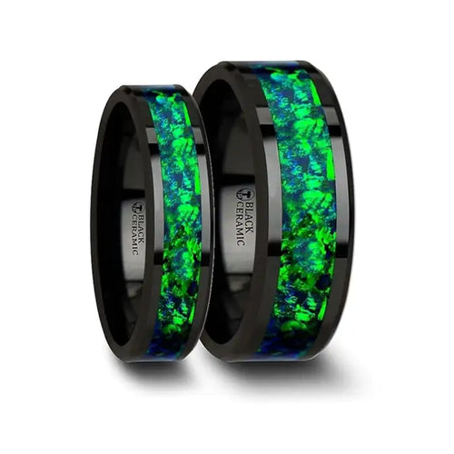 Maddox Matching Ring Set Black Ceramic Band Emerald Green & Sapphire Blue Opal Inlay 6mm & 8mm