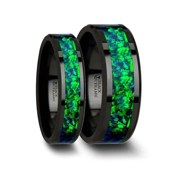 Maddox Matching Ring Set Black Ceramic Band Emerald Green & Sapphire B ...