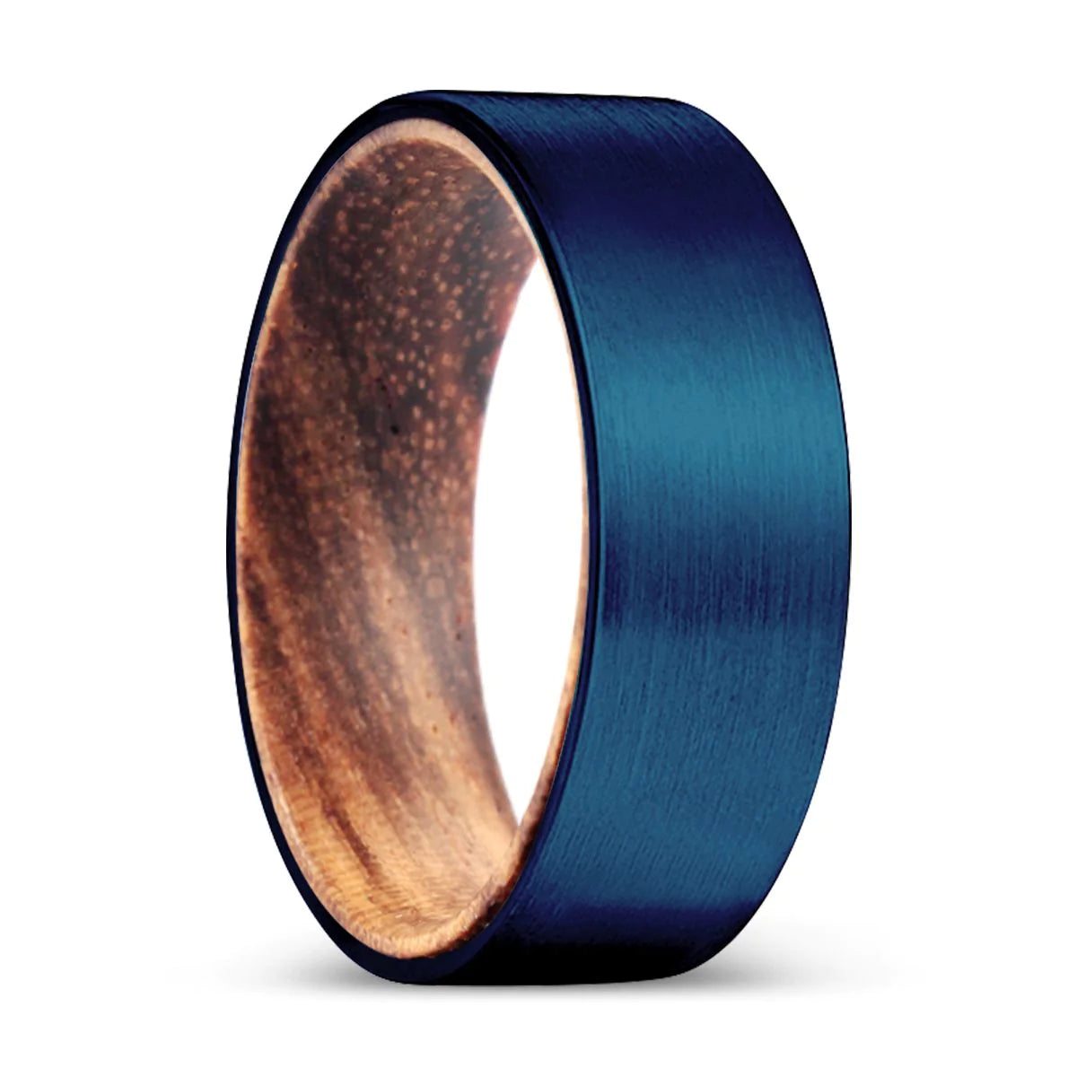 Dario Blue Brushed Flat Tungsten Wedding Ring with Zebra Wood Sleeve  6mm & 8mm