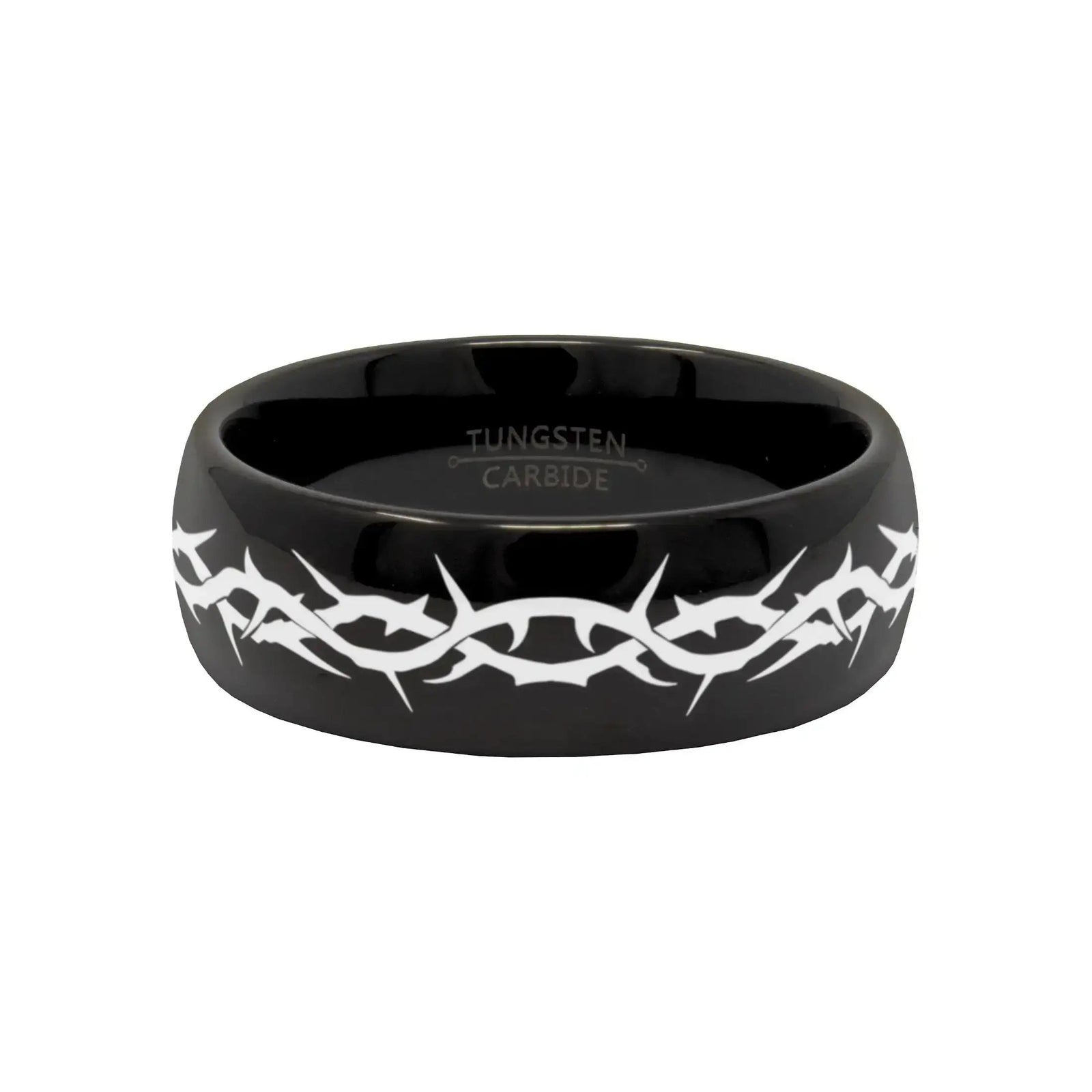 Smyrna black tungsten ring with thorn crown engraving, flat lay