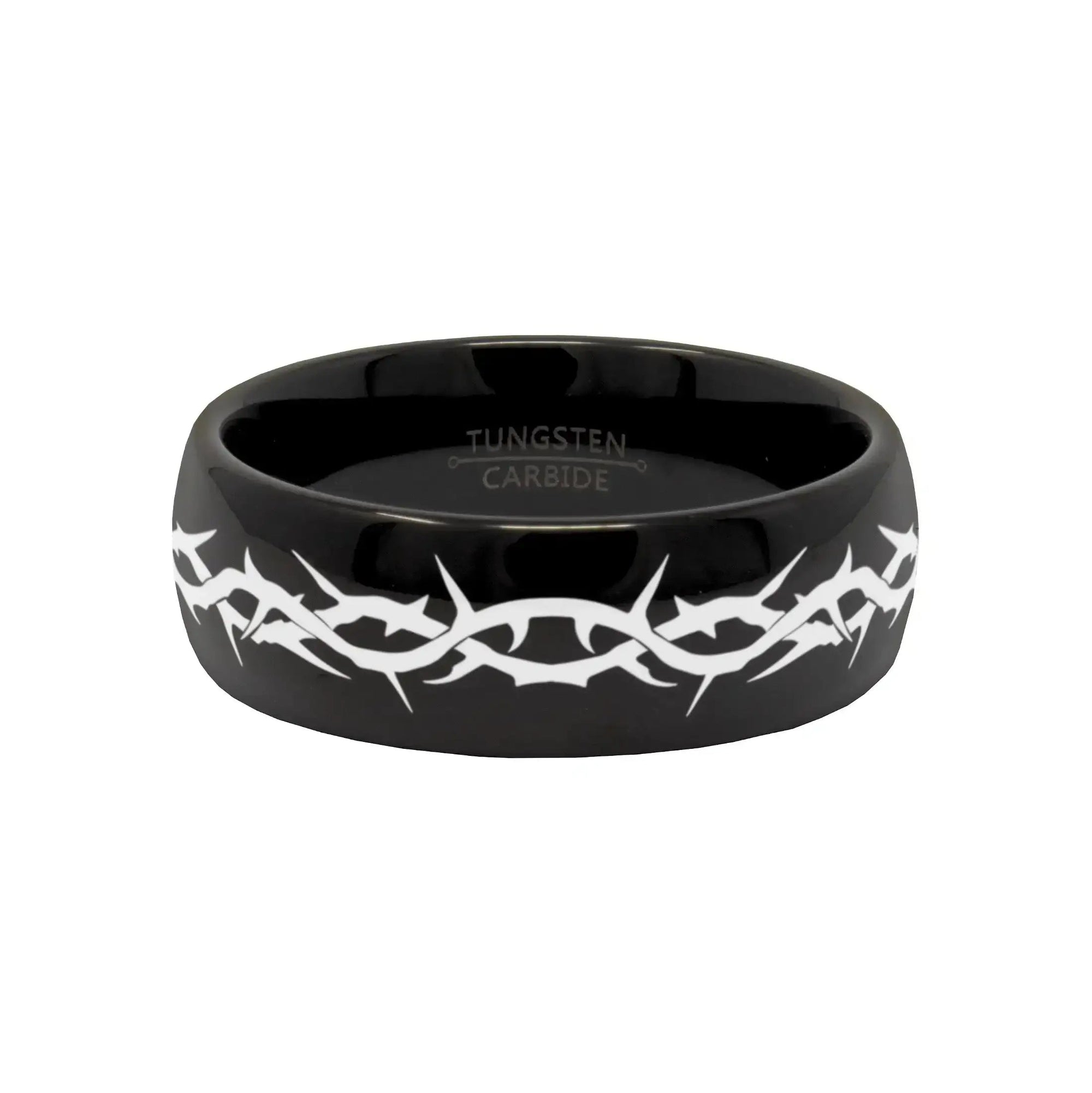 Smyrna black tungsten ring with thorn crown engraving, flat lay
